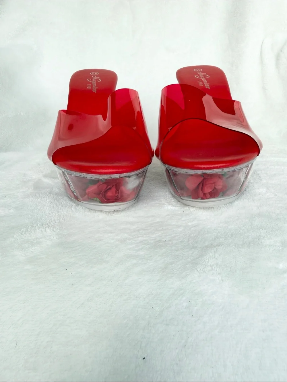 Red Clear Wedge Slide Sandals with Rose-Accent Platform